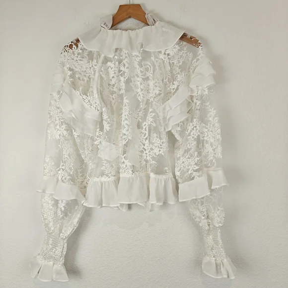 For Love & Lemons Holiday Lace Blouse (SAMPLE) Silk Top S Romantic Sheer Lace - Picture 14 of 16